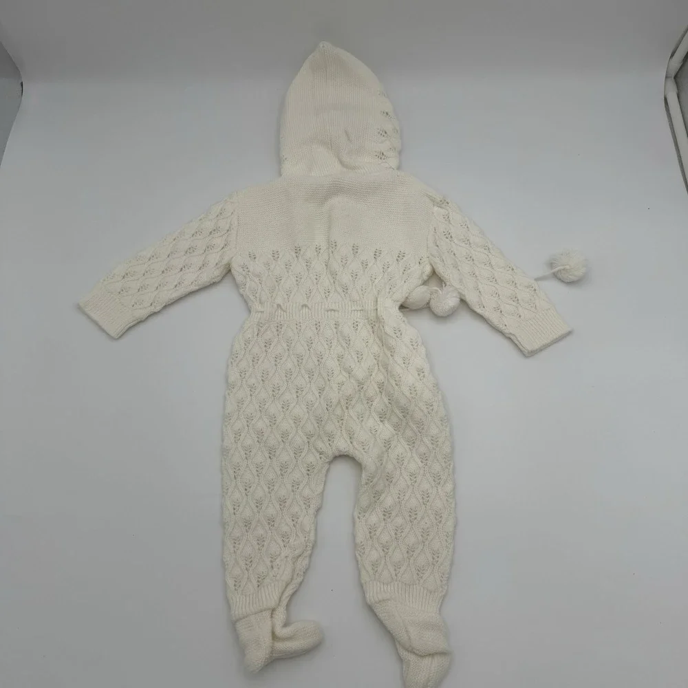 Vtg Renzo Baby Unisex Sz 0-3m White Knit Sleeper‎ Hood Newborn Classic Handmade
